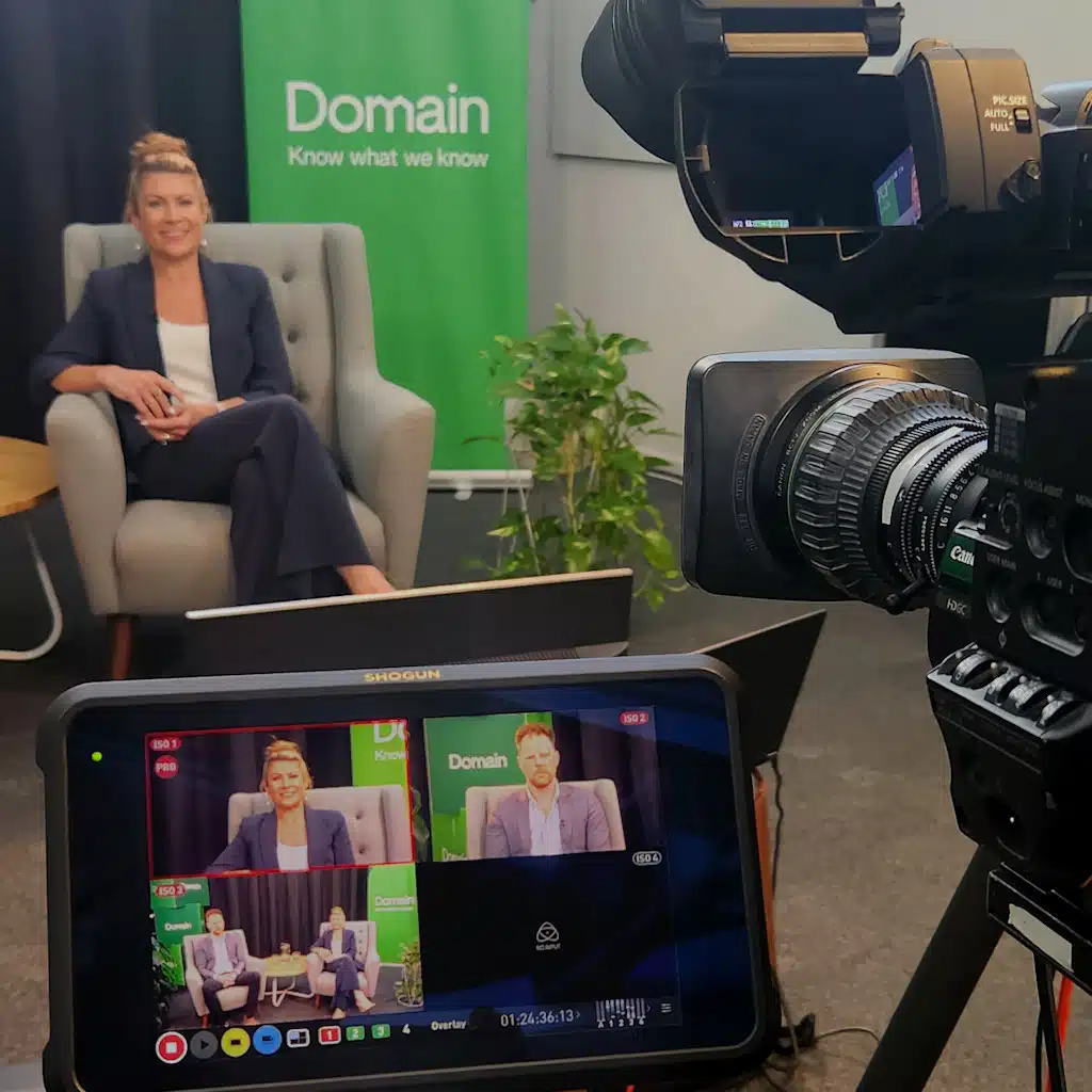 Multi-camera corporate webinar production setup for a Domain live webinar with presenters, live switching and Zoom integration.